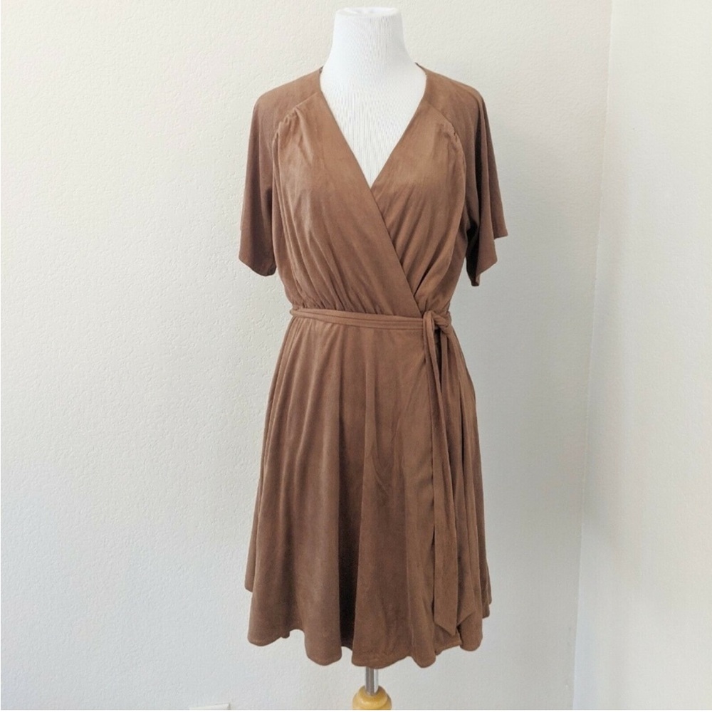 Miss Me Faux-Suede Wrap Dress Flutter Sleeves Mocha Brown Size Medium M NEW